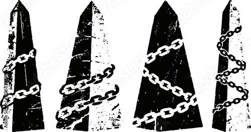 Obelisk monuments bound with chains black and white silhouette symbols of restriction, confinement, and barriers
