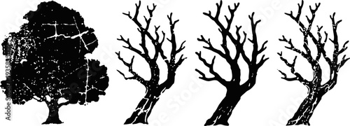 Vintage tree silhouettes set four black detailed trees with dense and bare branches seasonal foliage variation, nature design elements