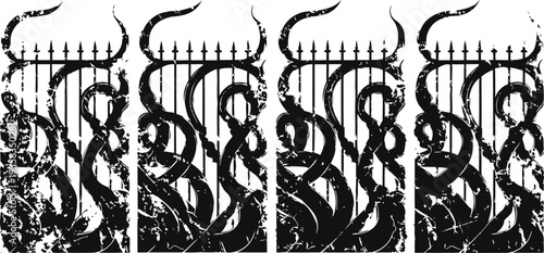 Grunge wrought iron gate with pointed spikes, distressed ornamental vintage fence silhouette design