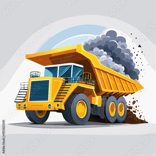 High-value vector art of a giant mining dump truck in action, heavy load motion