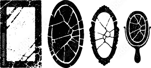 Black and white silhouettes of four cracked broken mirrors in various shapes and sizes