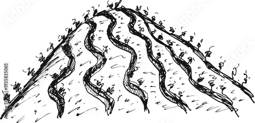 Mountain hikers climbing steep winding paths, adventurous outdoor trek on a rugged hill slope