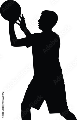 Silhouette of athlete holding basketball in action pose, isolated sports figure preparing to shoot ball, dynamic vector illustration design