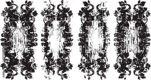 Set of four vintage vertical floral frames with decorative grunge texture and ornate rose motifs