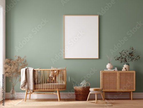 Soft green walls frame a minimalist nursery. Wooden crib holds a cozy blanket. Blank canvas hangs above for your design. Woven cabinet adds warm texture. Dried plants enhance gentle ambiance
