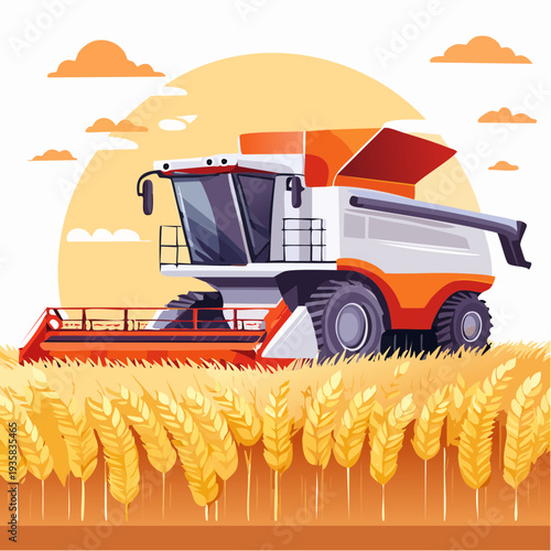 Large combine harvester working on a wheat field at golden hour, clean agricultural vector