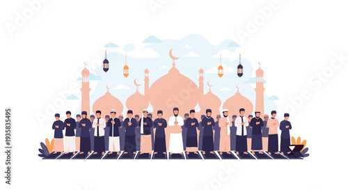 A large group of Muslim men in traditional attire are performing prayer on mats in front of a grand mosque silhouette under a sky with lanterns and crescent moons, Generative AI