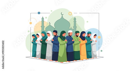 A diverse group of ten Muslim individuals five men and five women stand in prayer formation with arms crossed in front of an abstract mosque silhouette, Generative AI