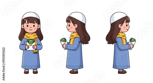 Three adorable cartoon girls dressed in blue gowns and yellow scarves are shown in various stances holding envelopes filled with Eidi money against a clean white backdrop, Generative AI