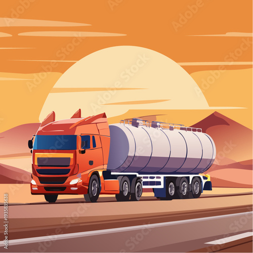 Large fuel tanker truck driving on desert highway, cinematic sunset lighting, clean vector
