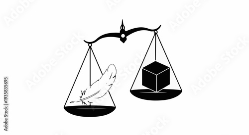 Symbolic scales balancing a light feather against a heavy cube, representing comparison and contrast.