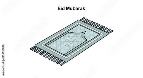 An intricately patterned light blue prayer rug with fringed edges is presented in an isometric perspective on a clean white background, Generative AI