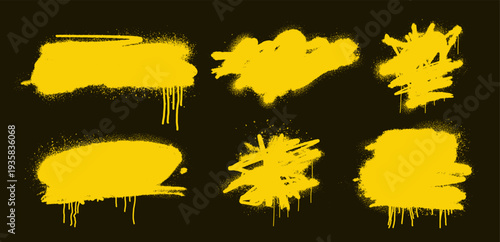 Yellow spray paint splatters and drips. Bold graffiti strokes and dynamic lines with liquid paint splashes. Abstract street style texture featuring messy ink blots, dribbles for urban posters, covers.