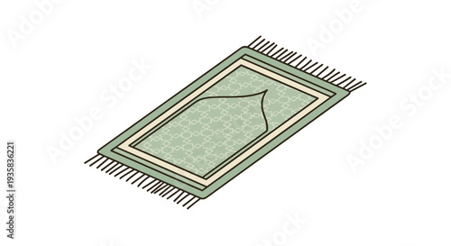 A beautifully patterned green Islamic prayer mat with delicate geometric designs and fringed edges is displayed at an isometric angle on a clean white background, Generative AI