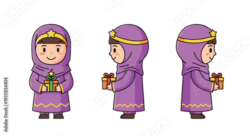Three identical cartoon illustrations depict a young girl in a purple hijab holding a small green gift box in front side and three-quarter views, Generative AI