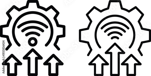 A pair of gear icons with wi-fi signals and arrows