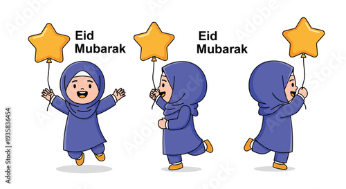 Three identical cartoon illustrations depict a joyful young girl in a blue hijab holding a yellow star balloon shown jumping running and skipping, Generative AI