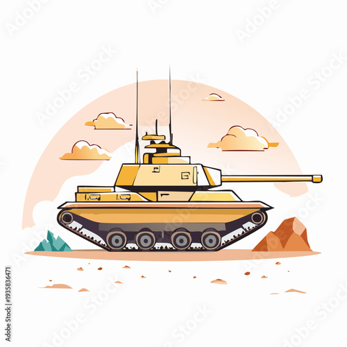 Massive military tank in rugged terrain, sharp vector contouring, dust cloud elements