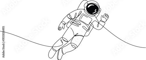 An astronaut is depicted floating weightlessly in outer space with a single continuous line drawing