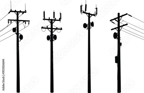 Silhouette of electric and telecommunication poles with antennas, cables, and equipment, vector illustration of urban power and network infrastructure