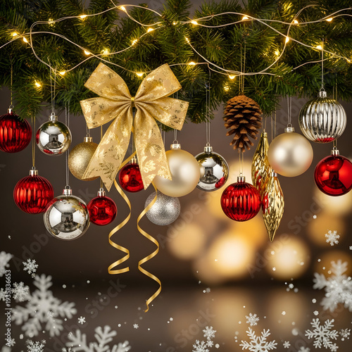 Christmas Tree Decorations with Red, Silver, and Gold Ornaments, Pinecone, and Golden Bow with String Lights and Snowflakes