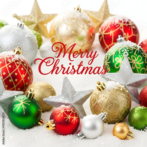 Merry Christmas festive holiday decorations with red green gold and white ornaments and stars in snowy scene