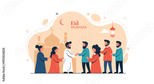 A line of Muslim individuals including men and women are greeting each other with handshakes and embraces in front of a mosque silhouette and abstract orange background shapes, Generative AI