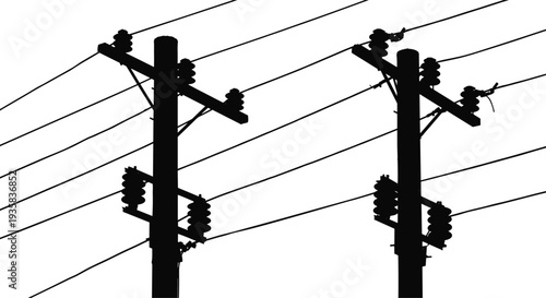 Silhouette of electric utility poles with power insulators and connecting wires, electricity distribution line black vector illustration on white background