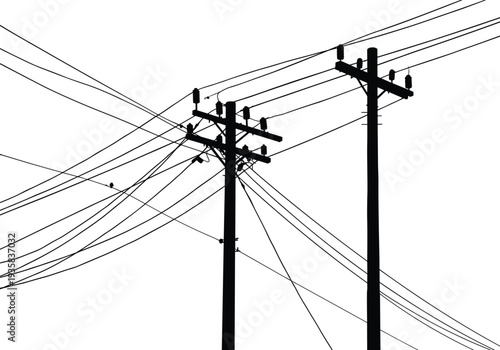Silhouette of electricity utility poles with overlapping power lines and insulators, urban electrical distribution structure black vector illustration design