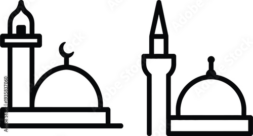 A line drawing of two mosques with minarets and domes