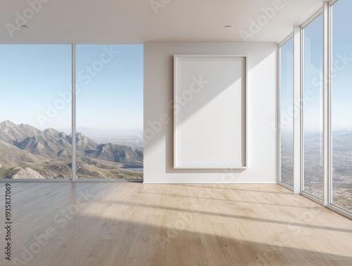 Minimalist room with large windows and mountain view. Wooden floor and white wall create serene atmosphere. Natural light casts soft shadows across the space. Blank frame hangs centered on the wall