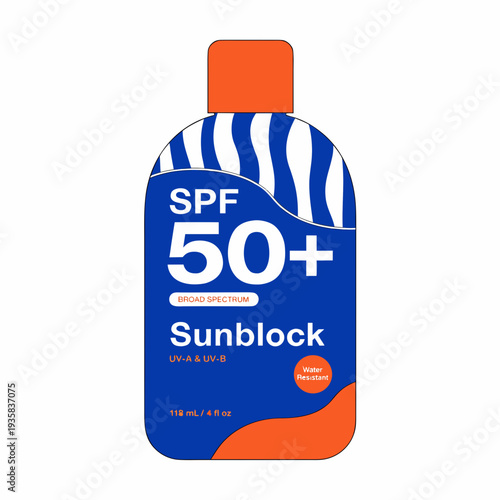 Spf 50 plus sunblock bottle with blue and orange design