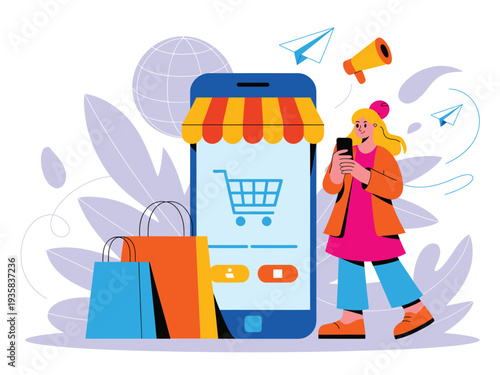 Woman shopping online on mobile phone with bags and globe, e-commerce concept