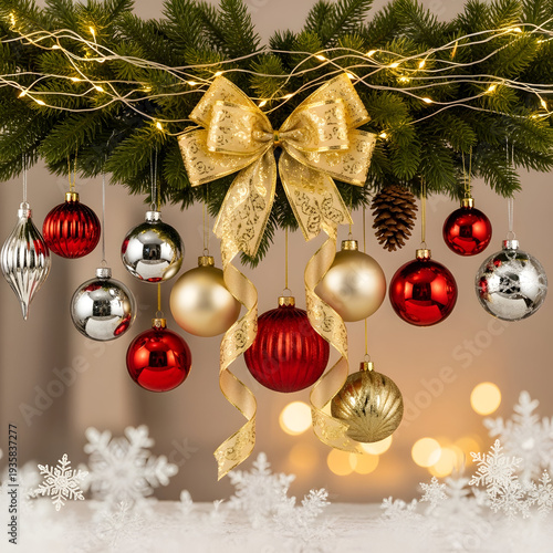 Christmas Tree Decorations with Red, Gold, and Silver Ornaments, Pine Branches, Golden Bow, and Fairy Lights