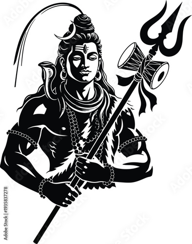 "Black and White Shiva Illustration with Trident and Damaru for Hindu Spiritual Art, Cultural Symbolism, and Religious Education Projects"