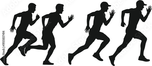Silhouette of four runners in motion, athletic training, fitness, running, sports, exercise, dynamic movement, health, workout