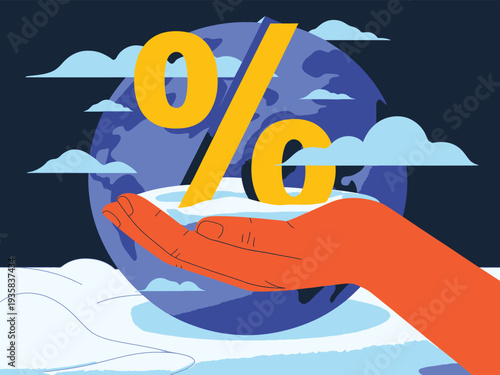 Hand holding percentage sign over Earth and clouds, global financial concept