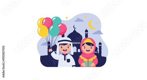 A joyful cartoon boy and girl dressed in traditional attire celebrate Eid Al Fitr with balloons and a gift in front of a mosque silhouette under a starry night sky, Generative AI