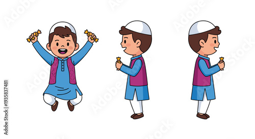 An energetic cartoon boy dressed in a blue thobe and purple vest is shown in three dynamic poses excitedly holding yellow wrapped candies on a bright white background, Generative AI