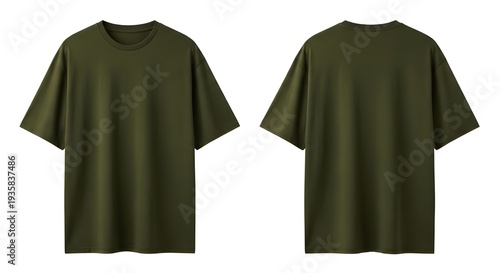 Olive Green T Shirt Mockup Front and Back View Isolated on White Background