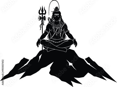 "Black Silhouette Shiva Meditative Illustration on Mountain Peak with Trident for Hindu Spiritual Art, Cultural Symbolism, and Religious Education Projects"