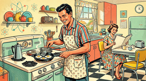 Retro 1950s style illustration of a happy couple in a vintage kitchen during breakfast.