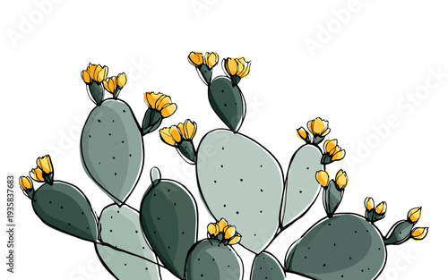 Minimalist line art illustration of prickly pear cactus with yellow flowers blooming