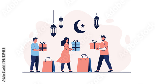 Three stylized figures two men and one woman are exchanging gift boxes with shopping bags lanterns and a crescent moon in the background, Generative AI