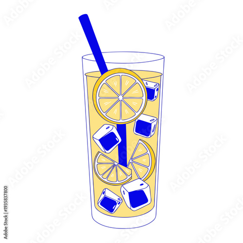 A glass of lemonade with ice cubes and a straw