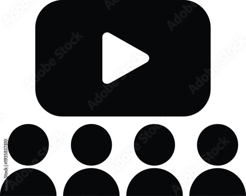 A play button icon with four audience members
