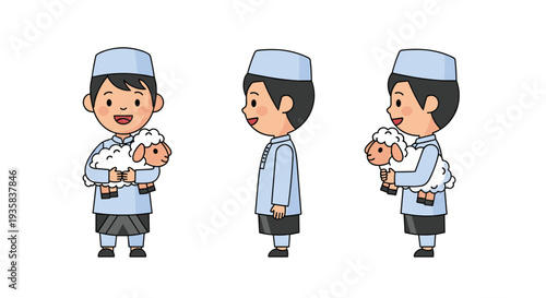 Three cheerful cartoon boys in traditional light blue attire are shown in various poses tenderly holding a small white lamb on a clean white backdrop, Generative AI