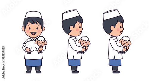 Three identical cartoon illustrations present a cheerful young boy in traditional attire tenderly holding a small white sheep depicted from various angles, Generative AI