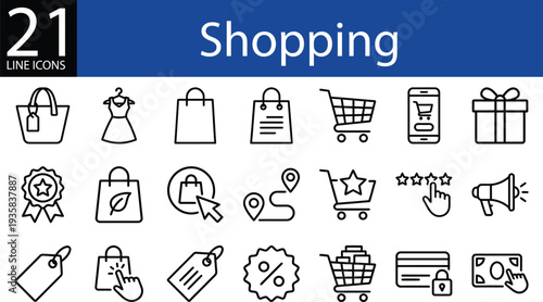 Shopping line icon collection in outline style, bags, carts, discounts, payments, and promotions