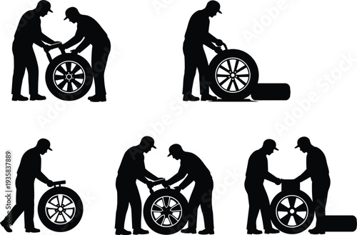 Silhouette of mechanics working with car tires, wheel repair, maintenance service, teamwork, garage workers, automotive tools, black isolated figures.